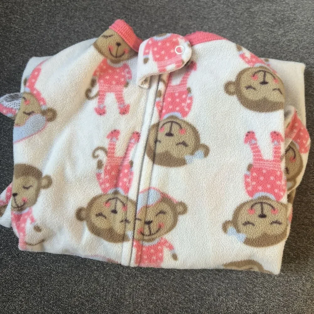 Carters Super Comfy Fleece 24 Months One Piece Pajamas‎ White Pink Monkey Feet